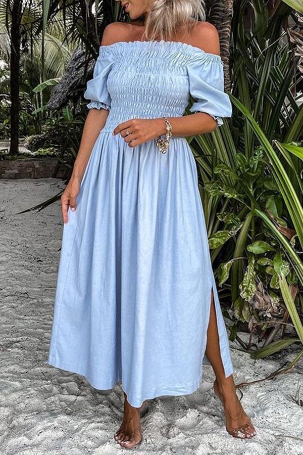 Lunimesd Forever After All Smocked Off Shoulder Slit Dress