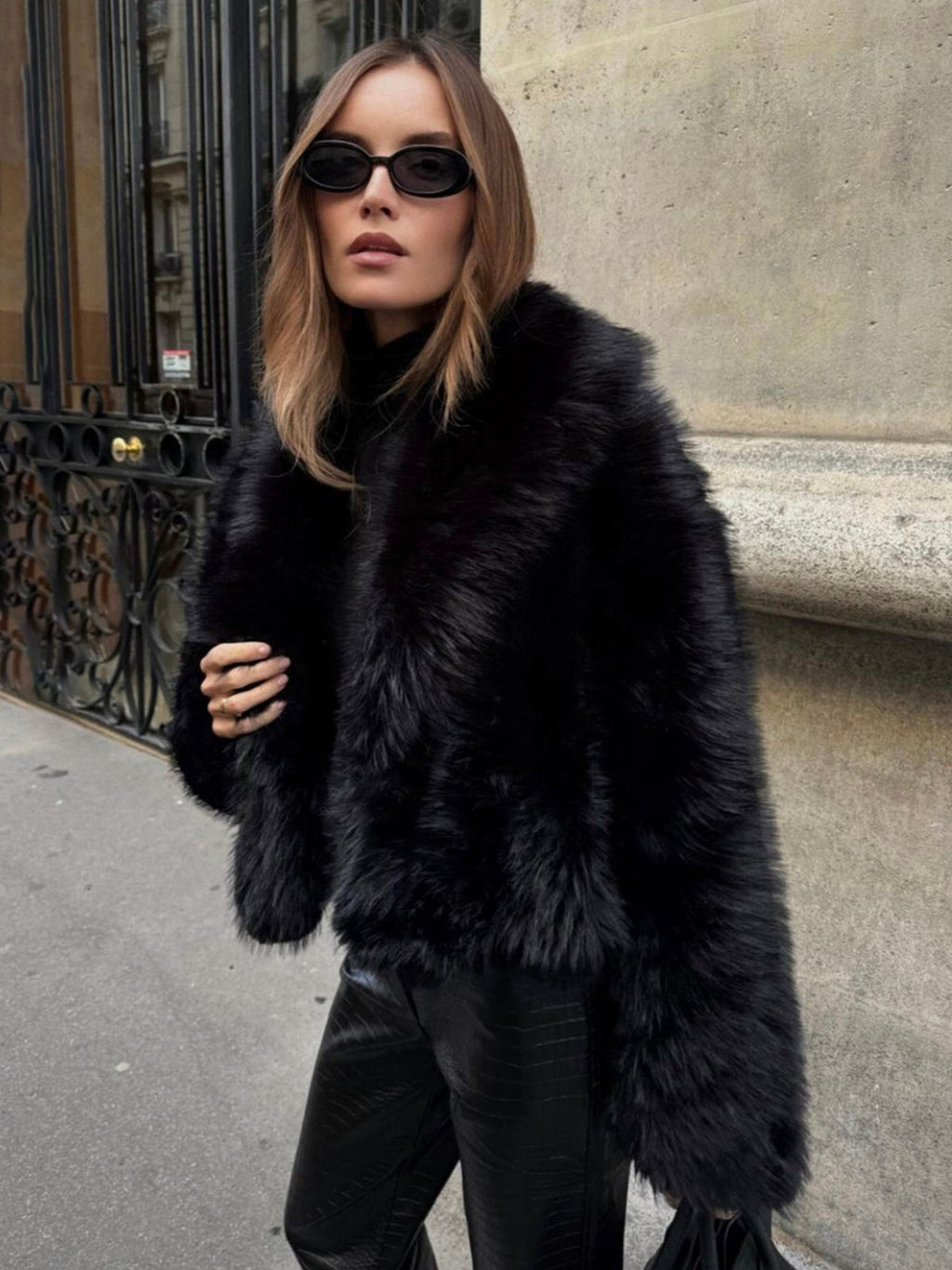 SOLID FAUX FUR COLLAR JACKET