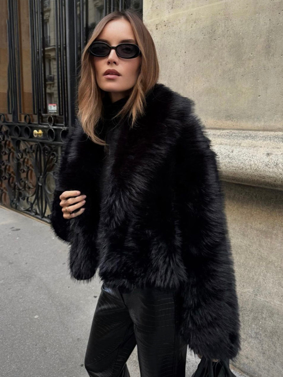 SOLID FAUX FUR COLLAR JACKET