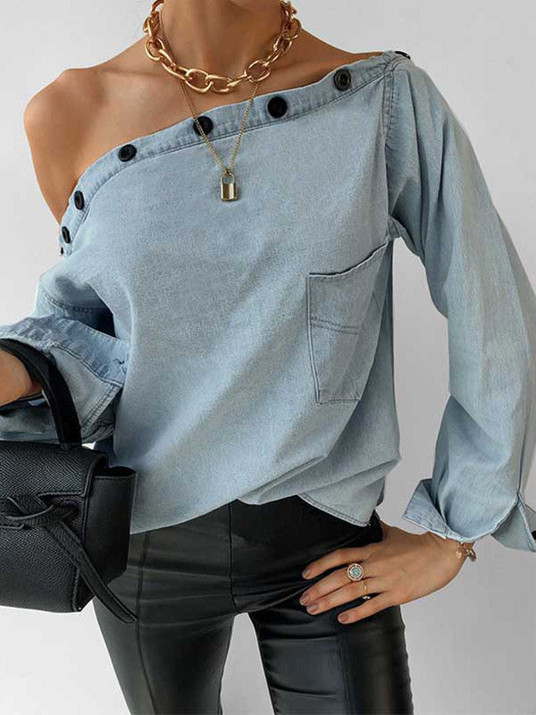 Lunimesd Off-Shoulder Button Denim Shirt
