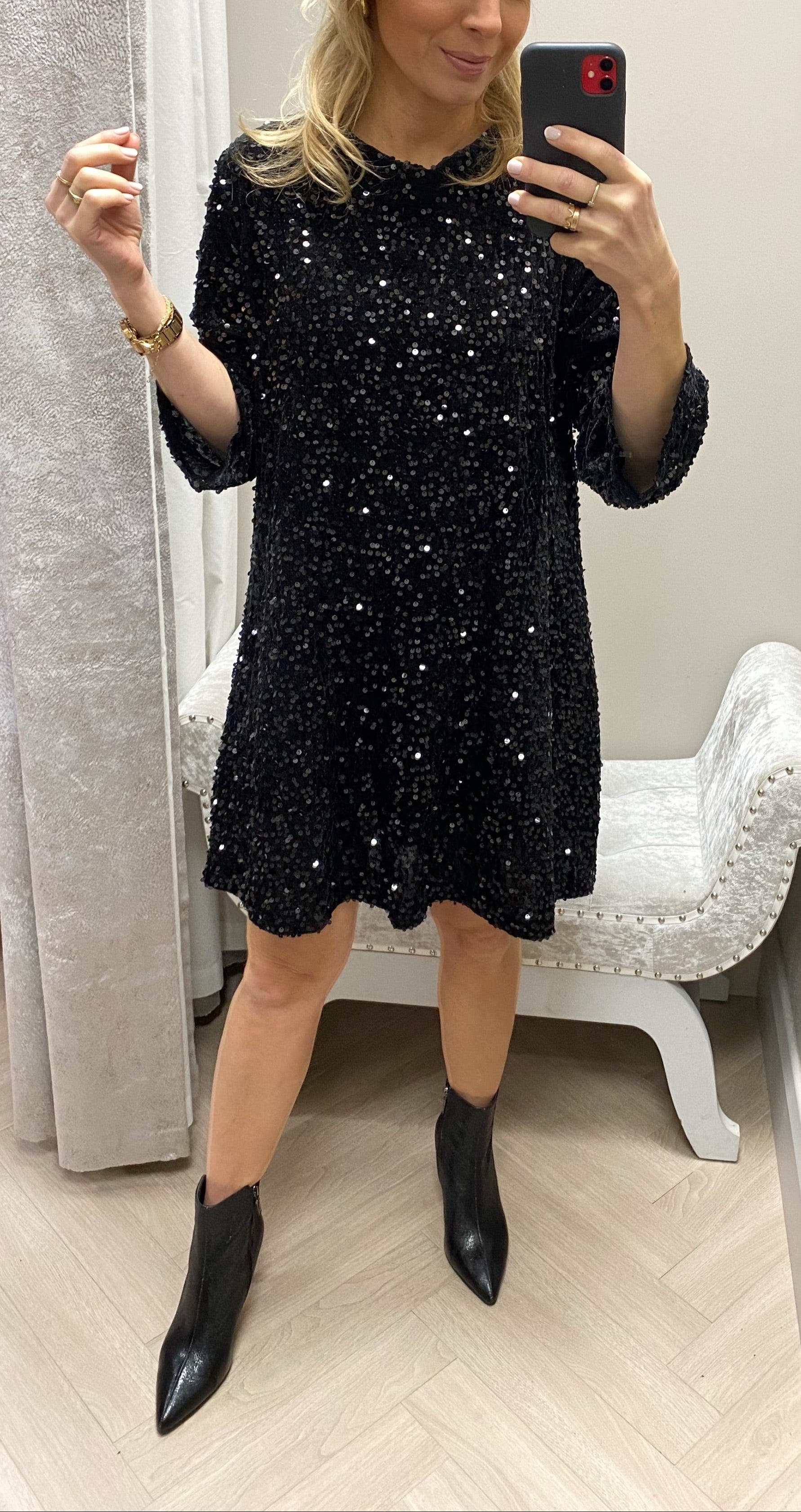 BLACK SEQUIN BOW BACK DRESS