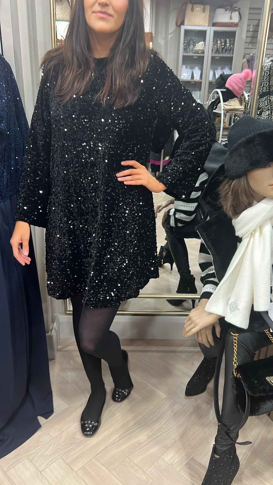 BLACK SEQUIN BOW BACK DRESS