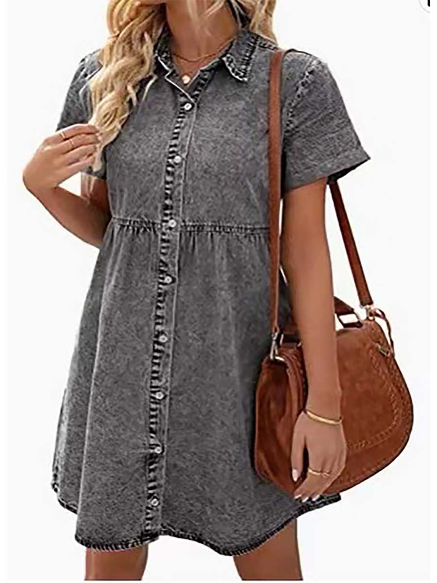 Lunimesd Washed Denim Lapel Loose Sweetheart Ruffle Dress