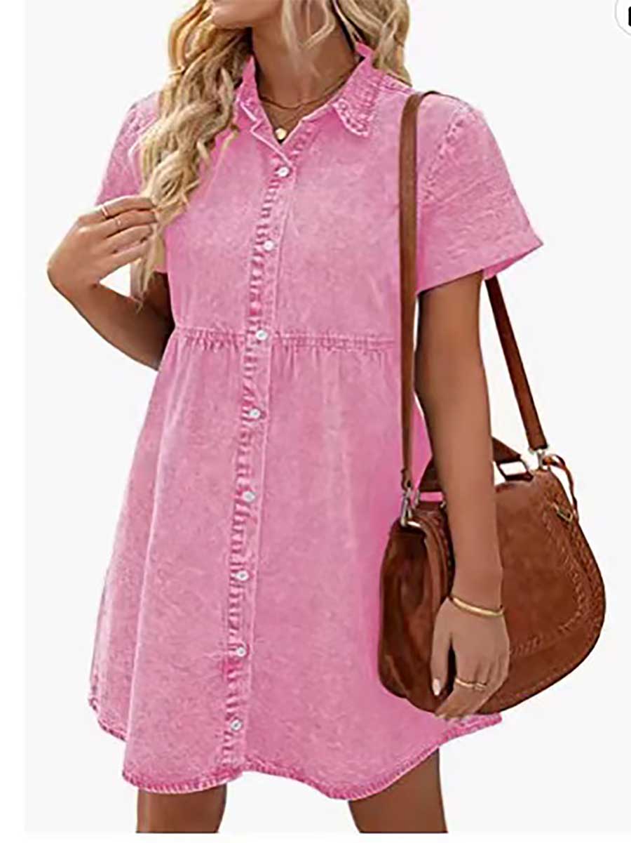 Lunimesd Washed Denim Lapel Loose Sweetheart Ruffle Dress