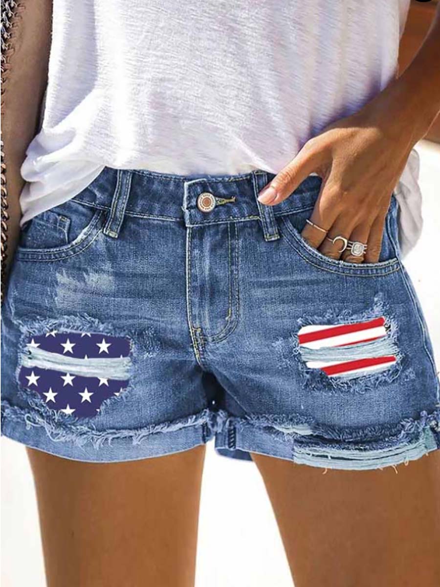 Lunimesd National Flag Torn Denim Shorts