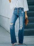 Lunimesd Casual Street Solid Ripped Buckle High Waist Straight Denim Jeans
