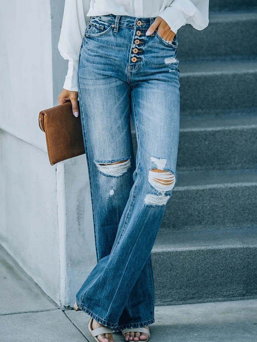 Lunimesd Casual Street Solid Ripped Buckle High Waist Straight Denim Jeans