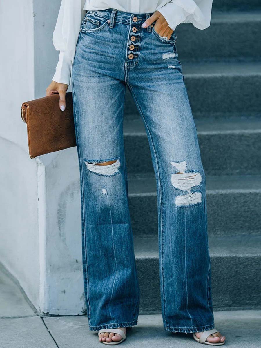 Lunimesd Casual Street Solid Ripped Buckle High Waist Straight Denim Jeans