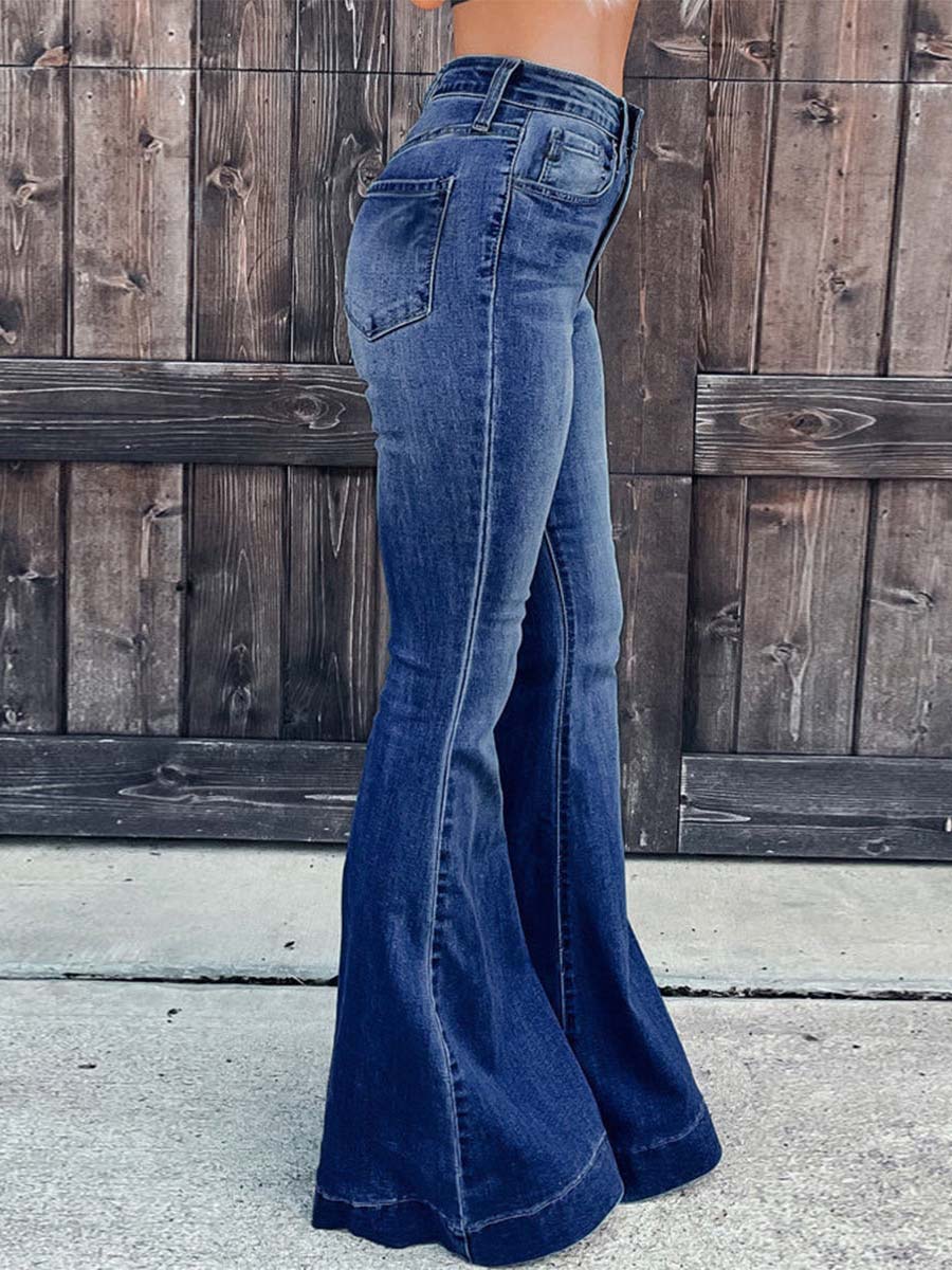 Lunimesd Street Solid Patchwork High Waist Boot Cut Denim Jeans