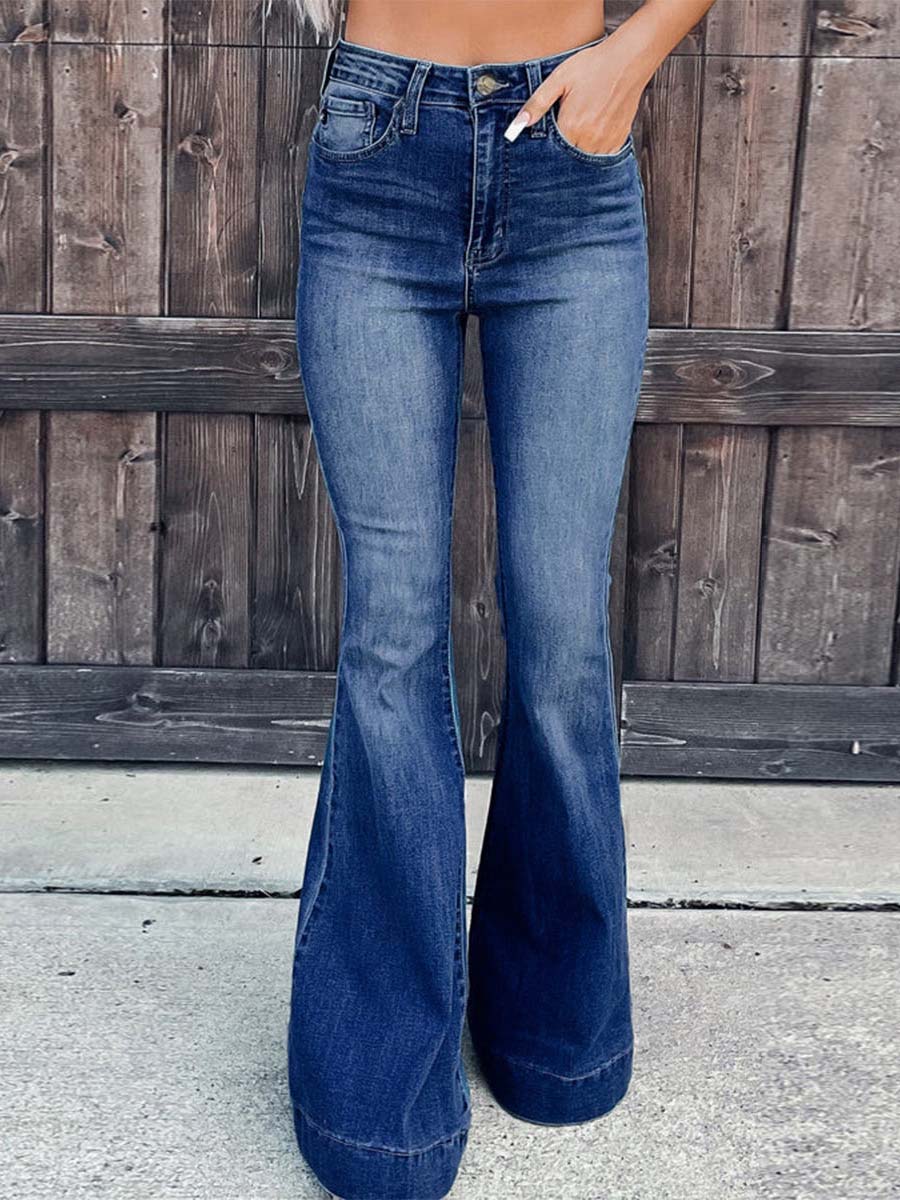 Lunimesd Street Solid Patchwork High Waist Boot Cut Denim Jeans