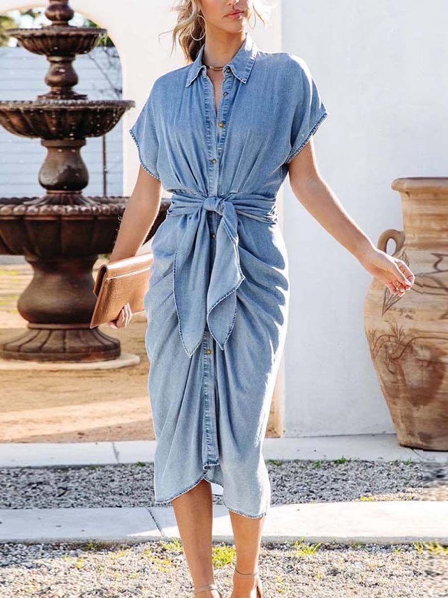 Lunimesd Shirt Collar Open Pleated Slim Washed Denim Dress