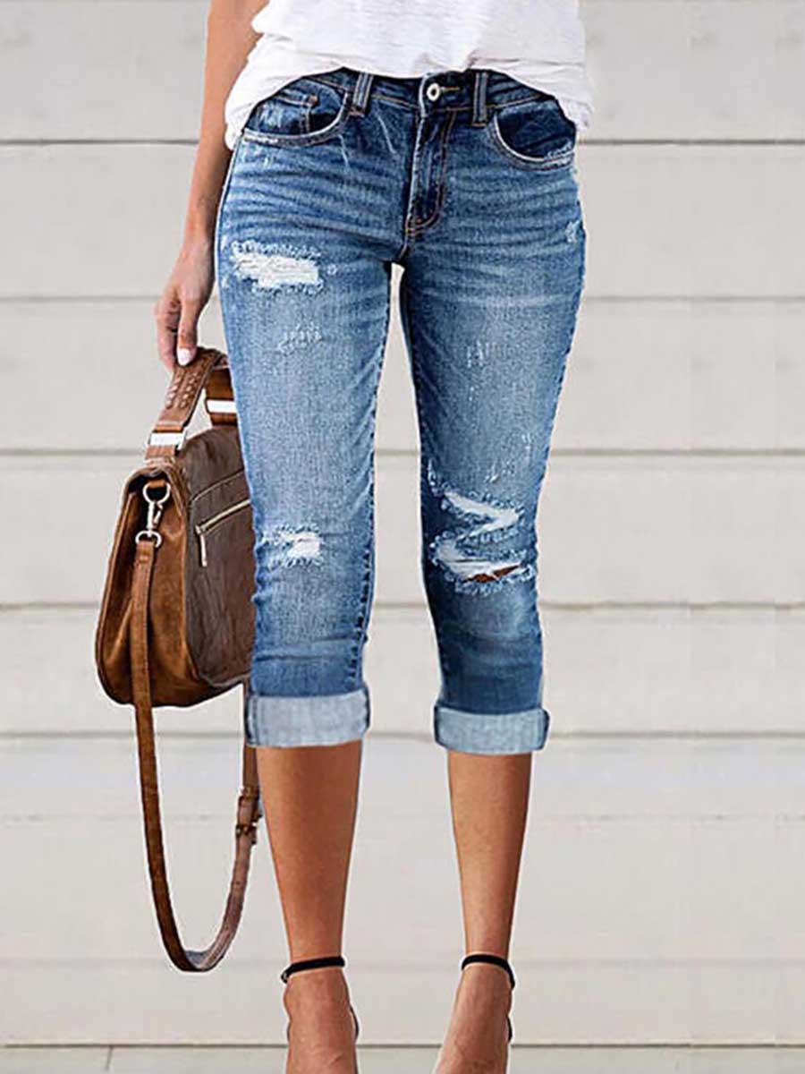 Lunimesd Fashion Hole Stretch Denim Cropped Pants
