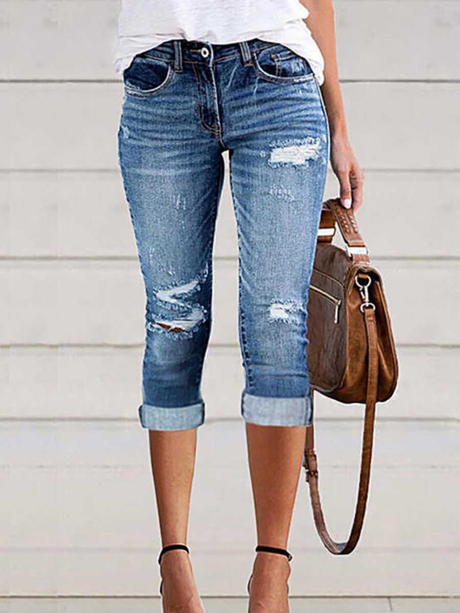 Fashion Hole Stretch Denim Cropped Pants