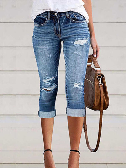 Fashion Hole Stretch Denim Cropped Pants