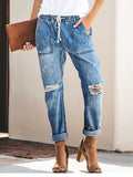 Lunimesd Drawstring elastic waist ripped denim pants casual pants