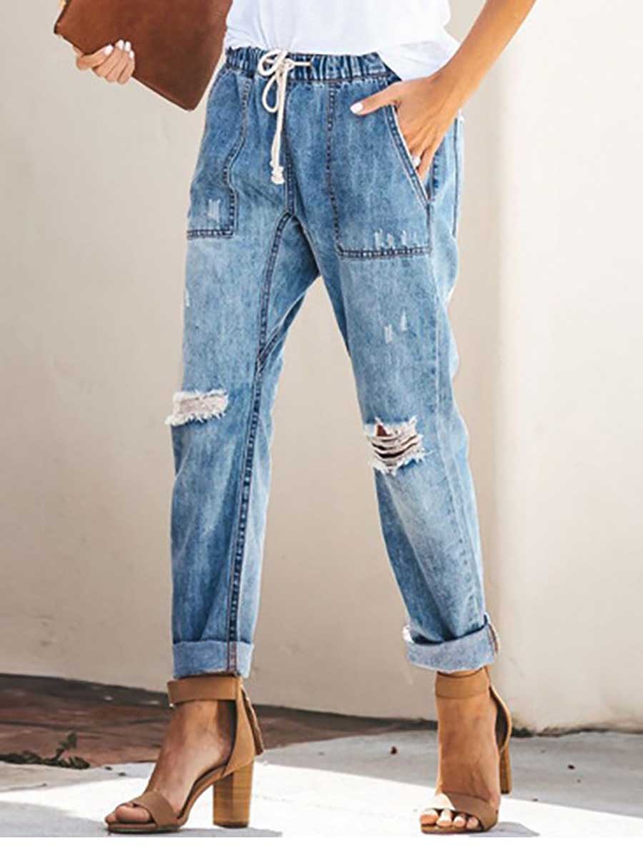 Lunimesd Drawstring elastic waist ripped denim pants casual pants