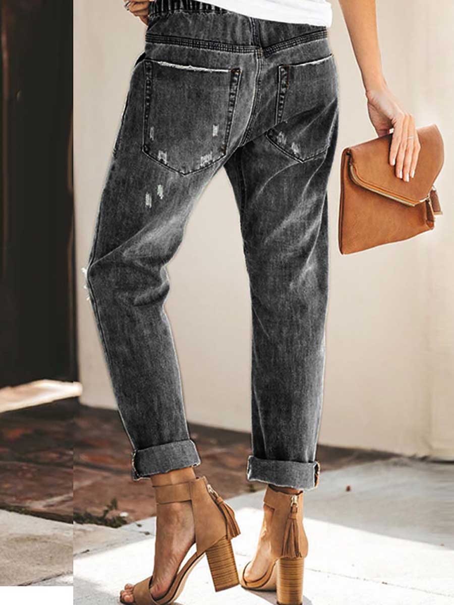 Lunimesd Drawstring elastic waist ripped denim pants casual pants