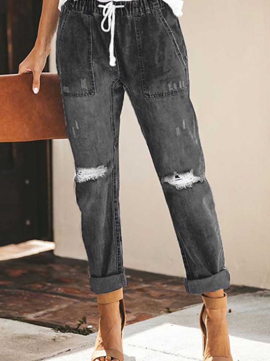 Lunimesd Drawstring elastic waist ripped denim pants casual pants