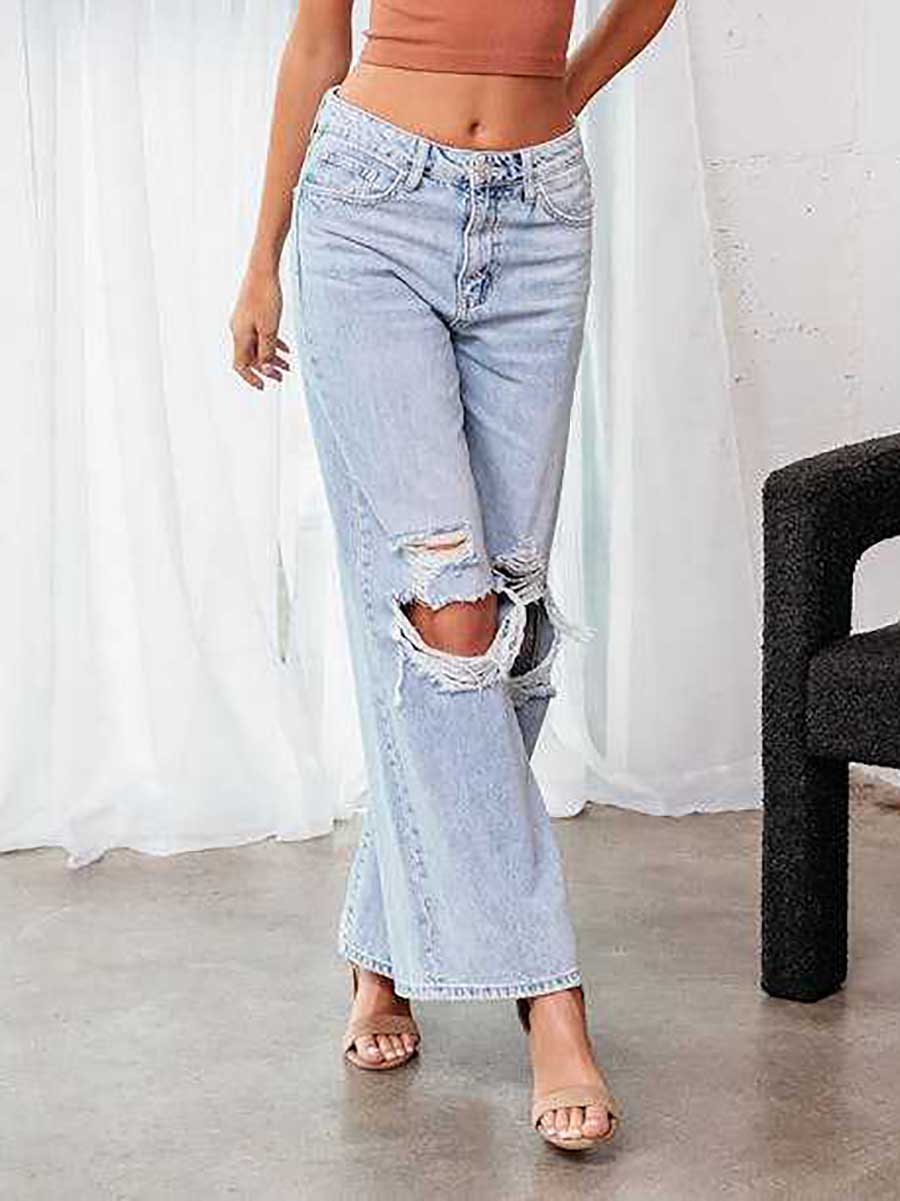 Lunimesd Stylish ripped mid-waist wide-leg denim pants