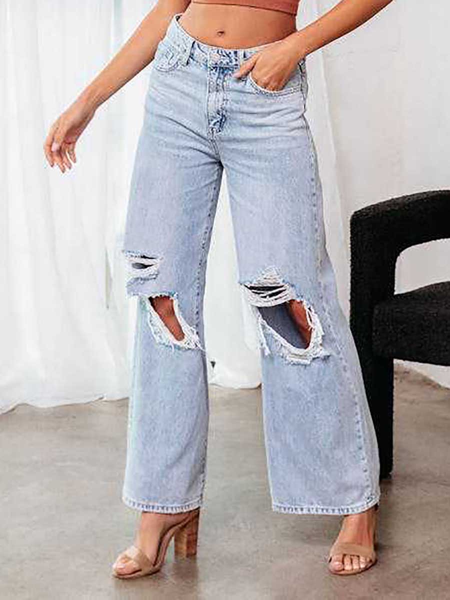 Lunimesd Stylish ripped mid-waist wide-leg denim pants