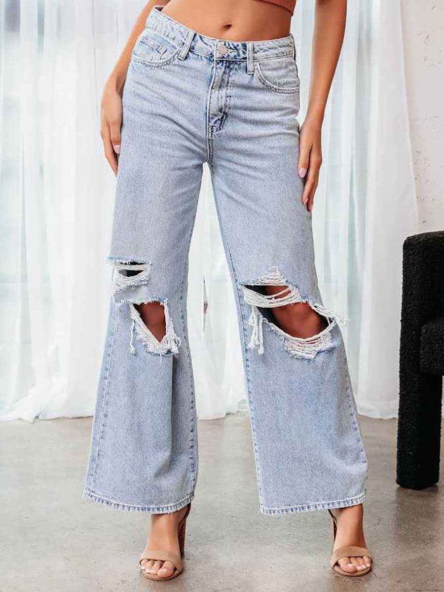 Lunimesd Stylish ripped mid-waist wide-leg denim pants