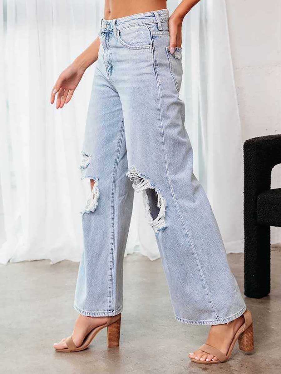 Lunimesd Stylish ripped mid-waist wide-leg denim pants
