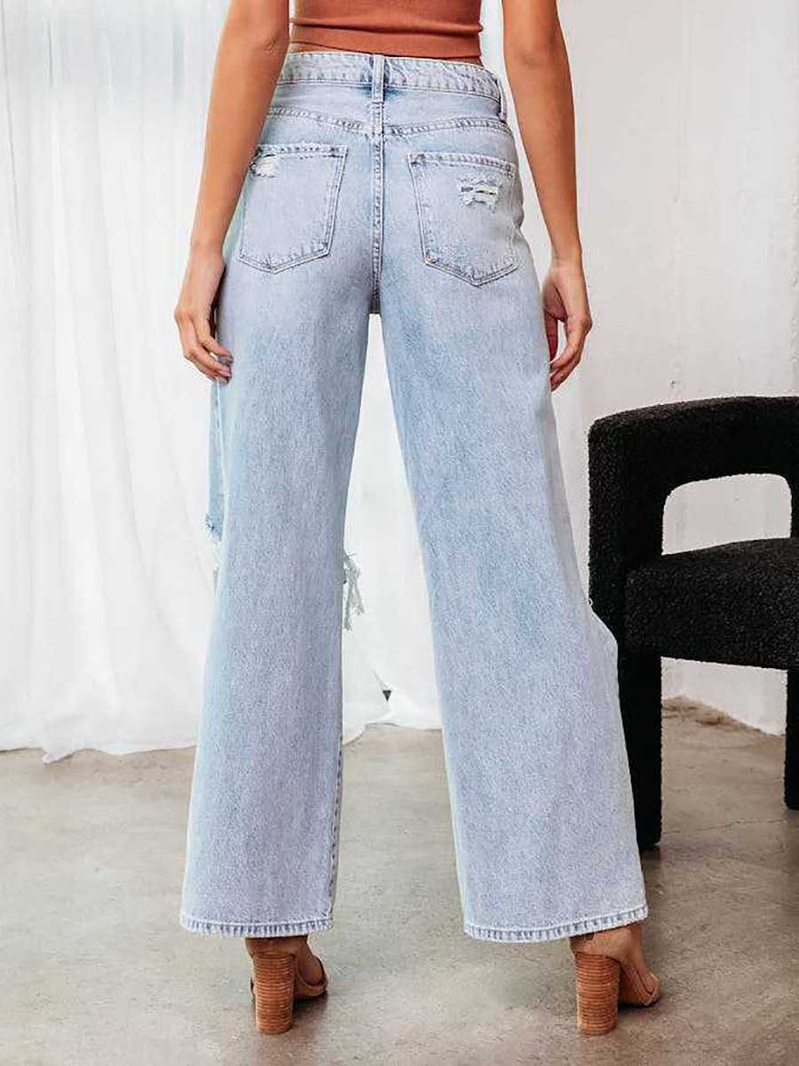 Lunimesd Stylish ripped mid-waist wide-leg denim pants