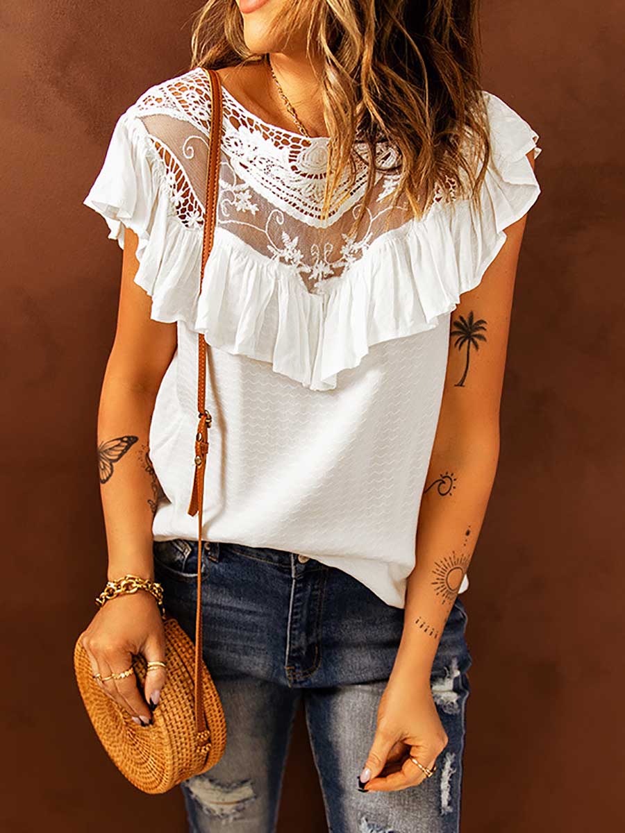 Lunimesd Lace Ruffle Round Neck Top