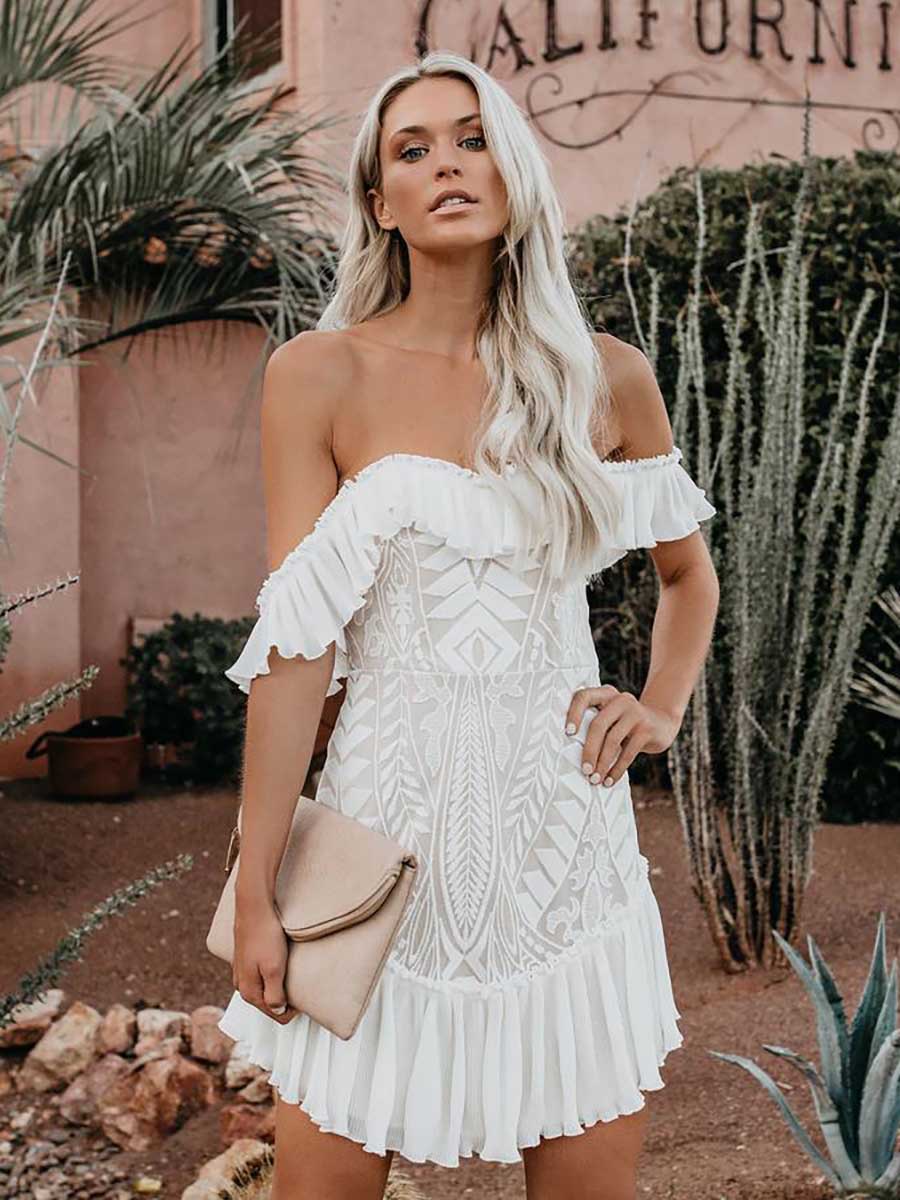Lunimesd Lace Pleated Ruffle One-Shoulder Dress