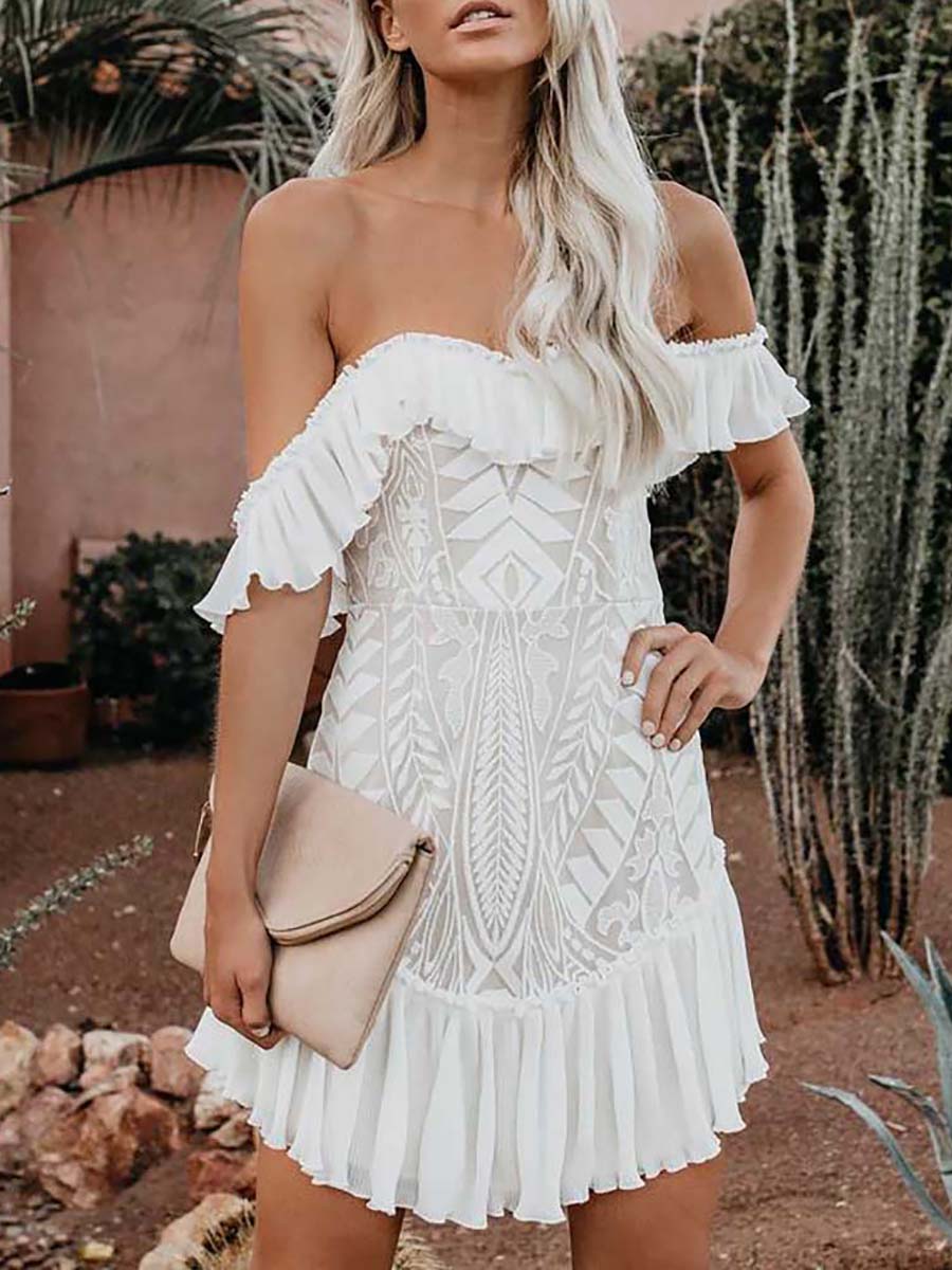 Lunimesd Lace Pleated Ruffle One-Shoulder Dress