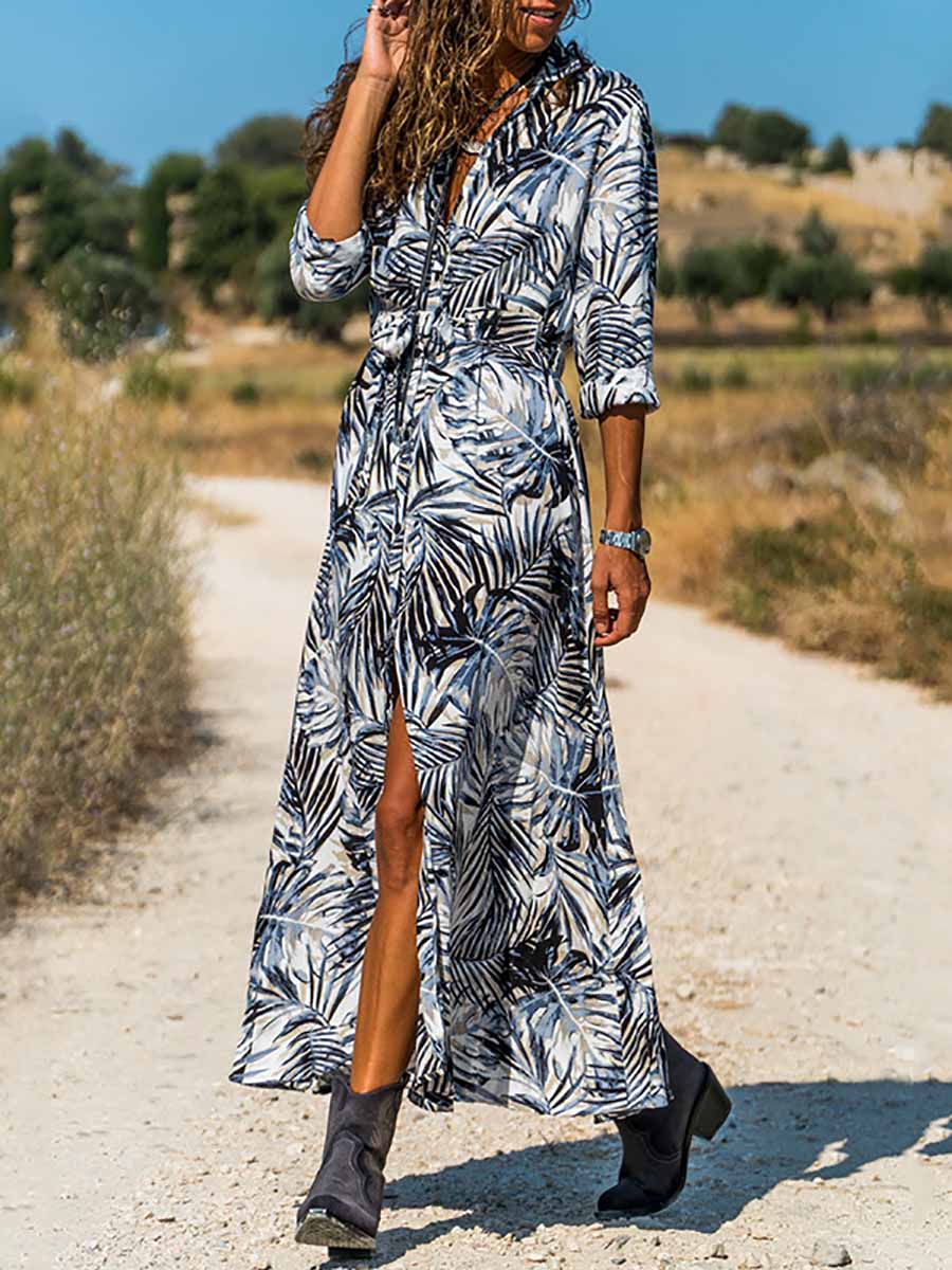 Lunimesd Printed Lace-Up Loose Maxi dress