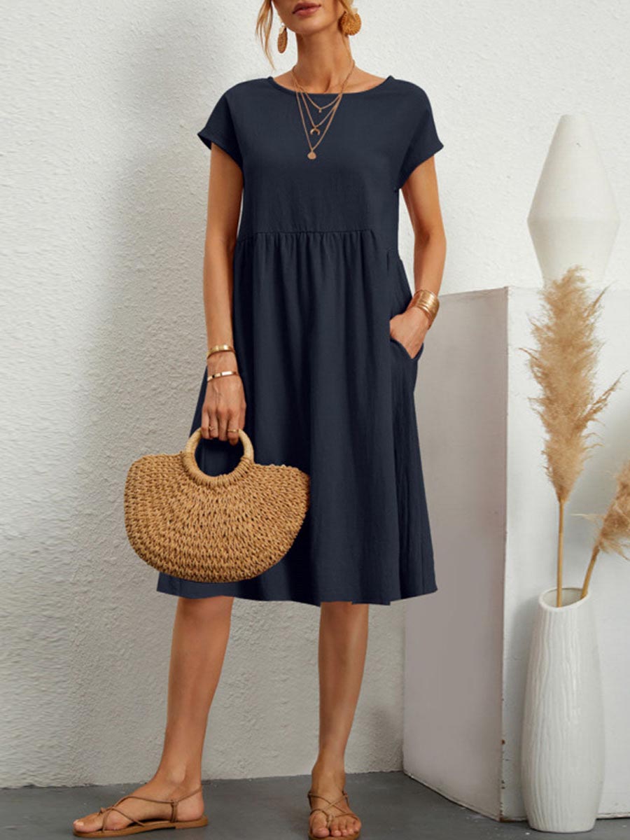 Lunimesd Casual Solid Patchwork O Neck A Line Short Sleeve Dress(11 Colors)