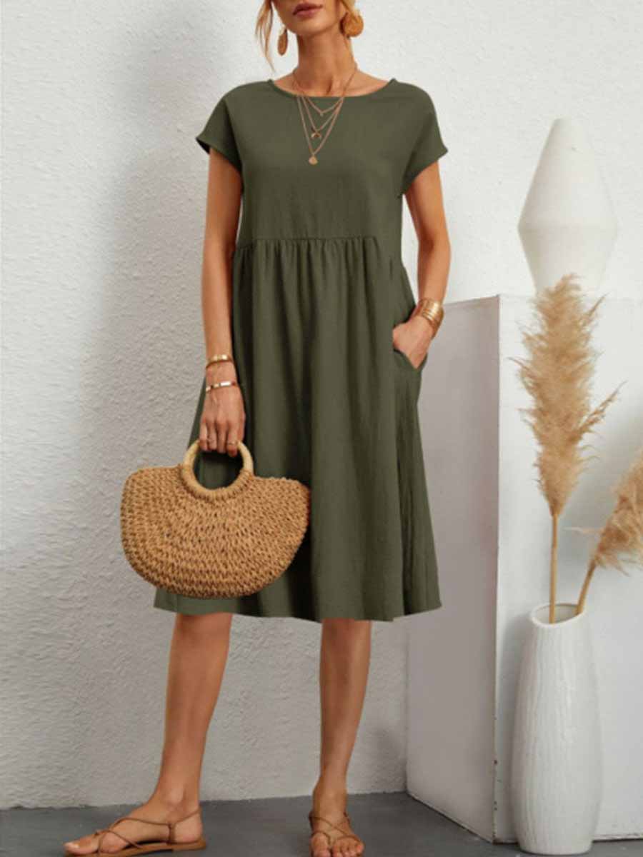 Lunimesd Casual Solid Patchwork O Neck A Line Short Sleeve Dress(11 Colors)