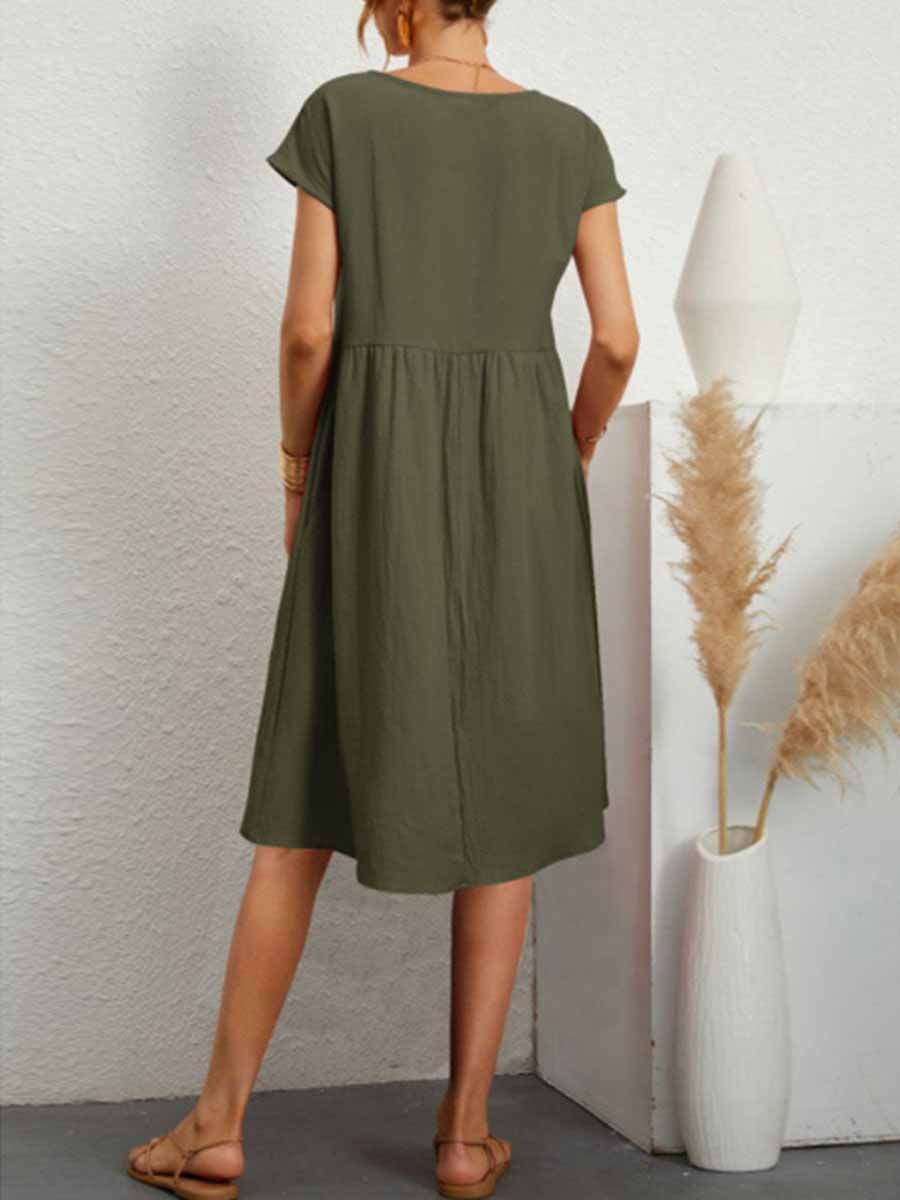 Lunimesd Casual Solid Patchwork O Neck A Line Short Sleeve Dress(11 Colors)