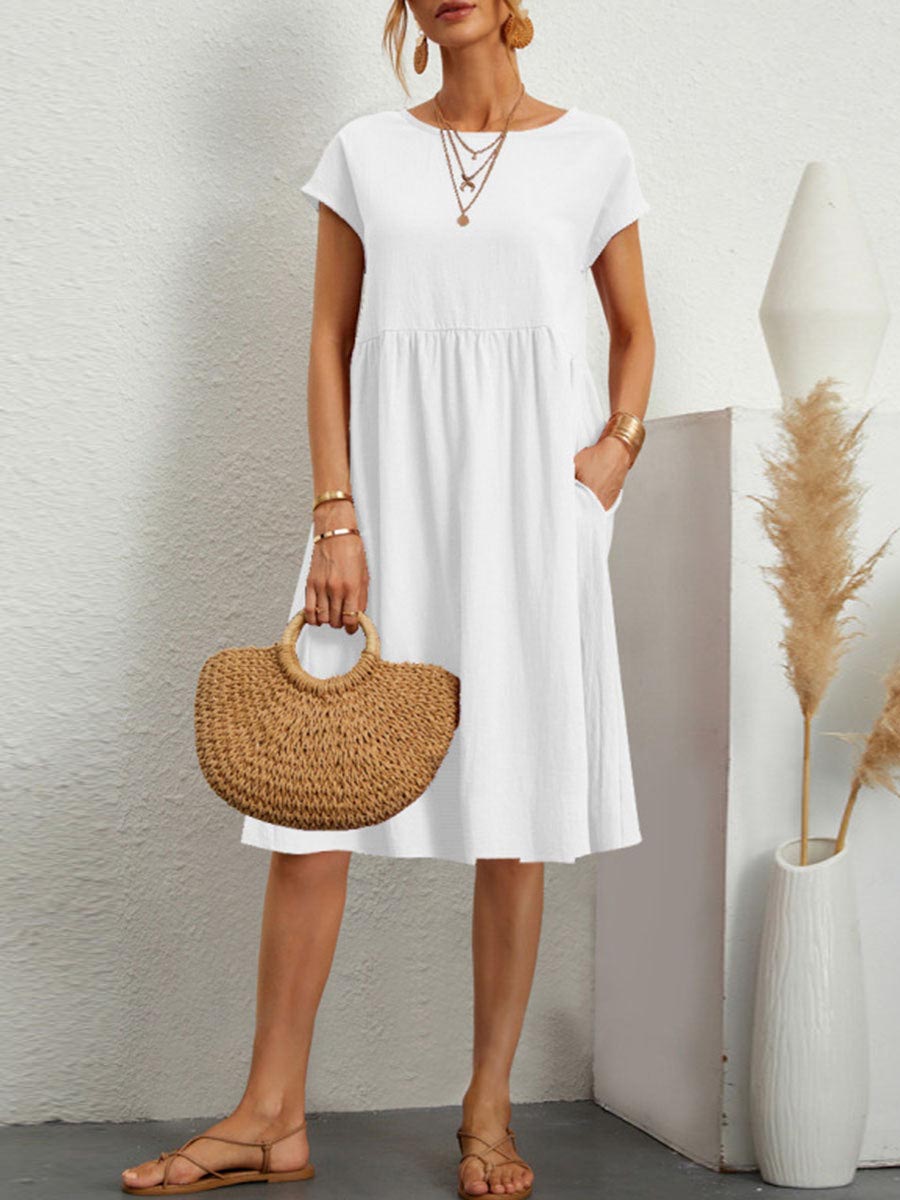 Lunimesd Casual Solid Patchwork O Neck A Line Short Sleeve Dress(11 Colors)