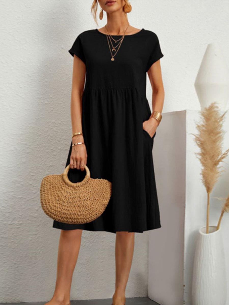 Lunimesd Casual Solid Patchwork O Neck A Line Short Sleeve Dress(11 Colors)