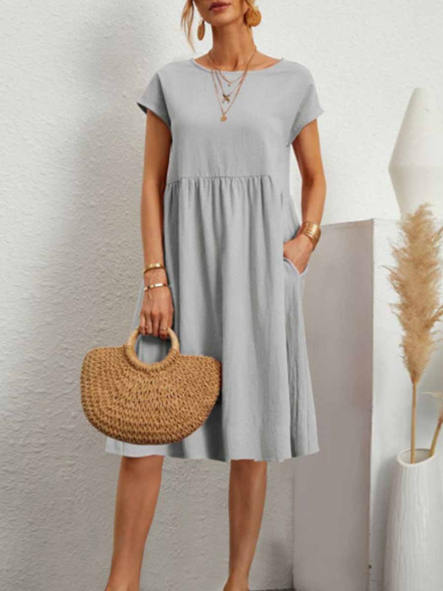 Lunimesd Casual Solid Patchwork O Neck A Line Short Sleeve Dress(11 Colors)