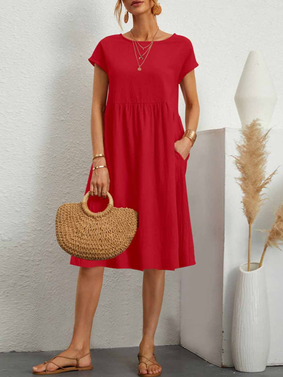 Lunimesd Casual Solid Patchwork O Neck A Line Short Sleeve Dress(11 Colors)