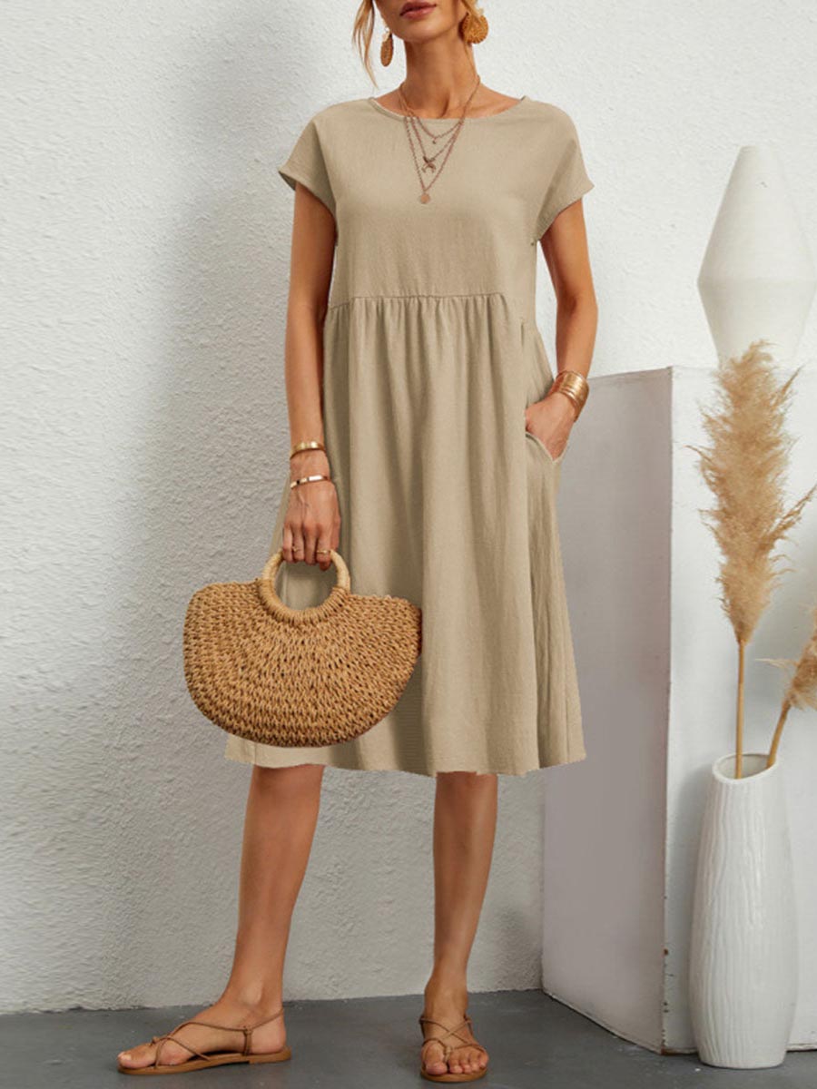 Lunimesd Casual Solid Patchwork O Neck A Line Short Sleeve Dress(11 Colors)