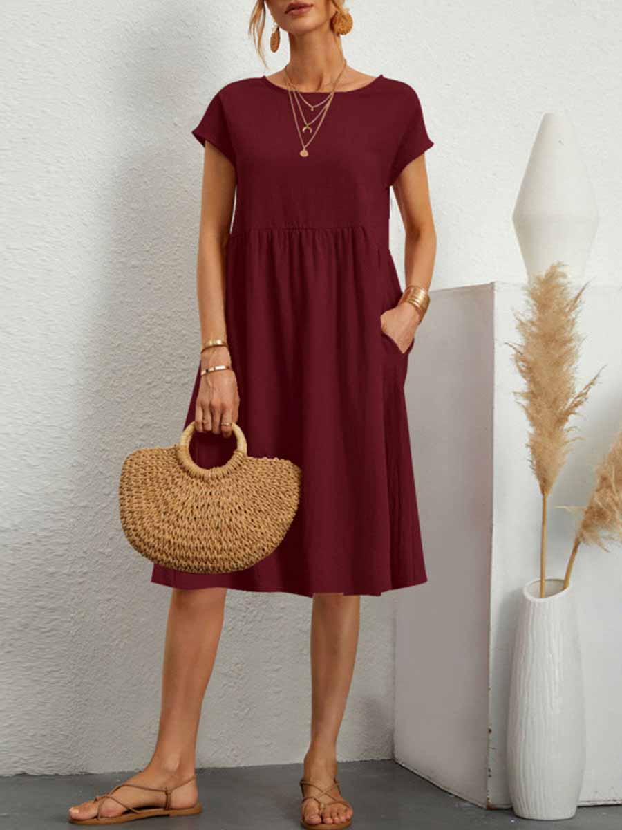 Lunimesd Casual Solid Patchwork O Neck A Line Short Sleeve Dress(11 Colors)