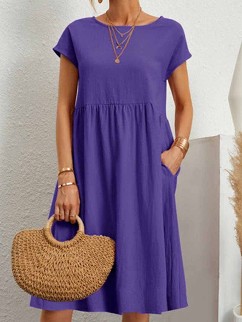 Lunimesd Casual Solid Patchwork O Neck A Line Short Sleeve Dress(11 Colors)