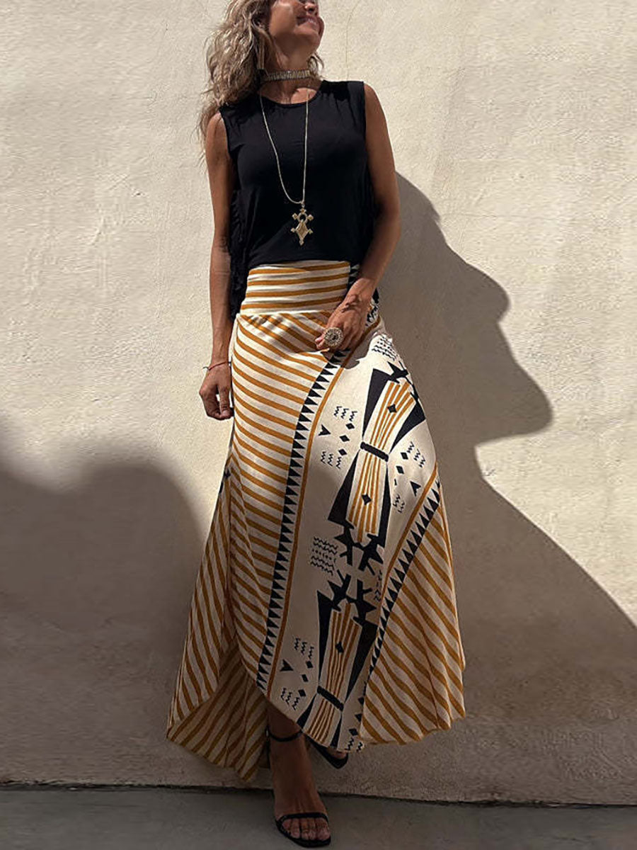 Lunimesd Eva Satin Geometric Print Elastic Waist Maxi Skirt