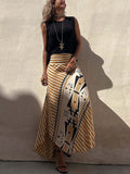 Lunimesd Eva Satin Geometric Print Elastic Waist Maxi Skirt