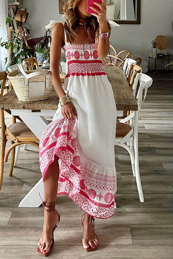 Lunimesd Printed Smocked Shoulder Tie Maxi Dress