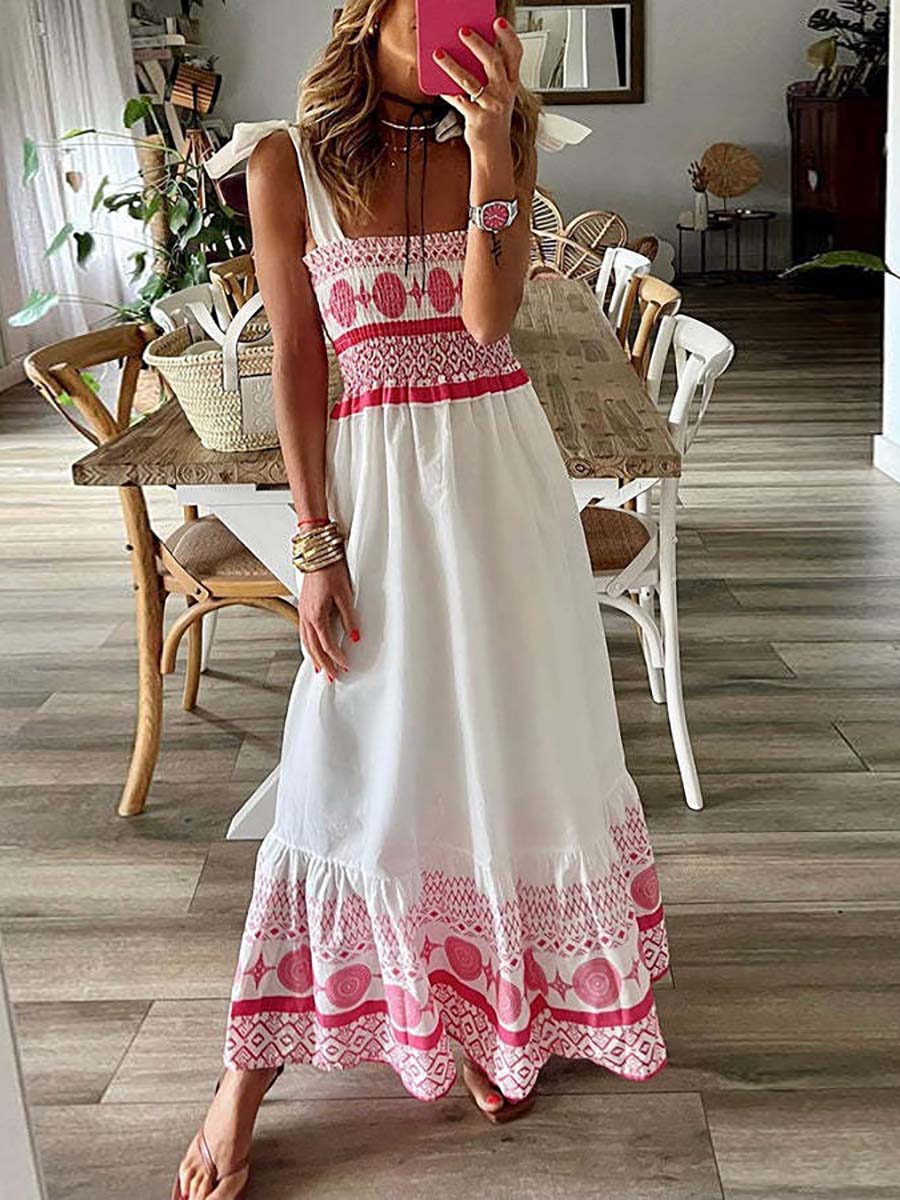 Lunimesd Printed Smocked Shoulder Tie Maxi Dress