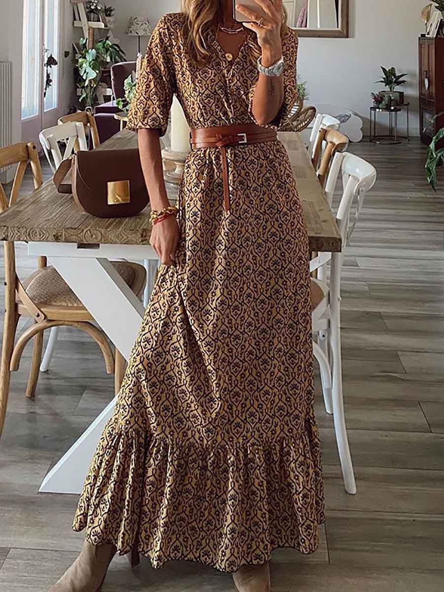 Lunimesd Bohemian Print Short-Sleeved V-Neck Dress