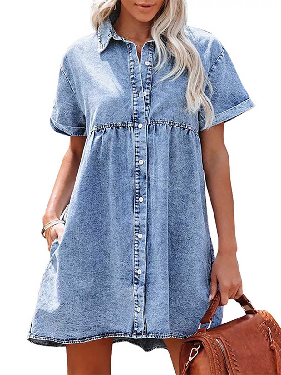 Lunimesd Washed Denim Lapel Loose Sweetheart Ruffle Dress