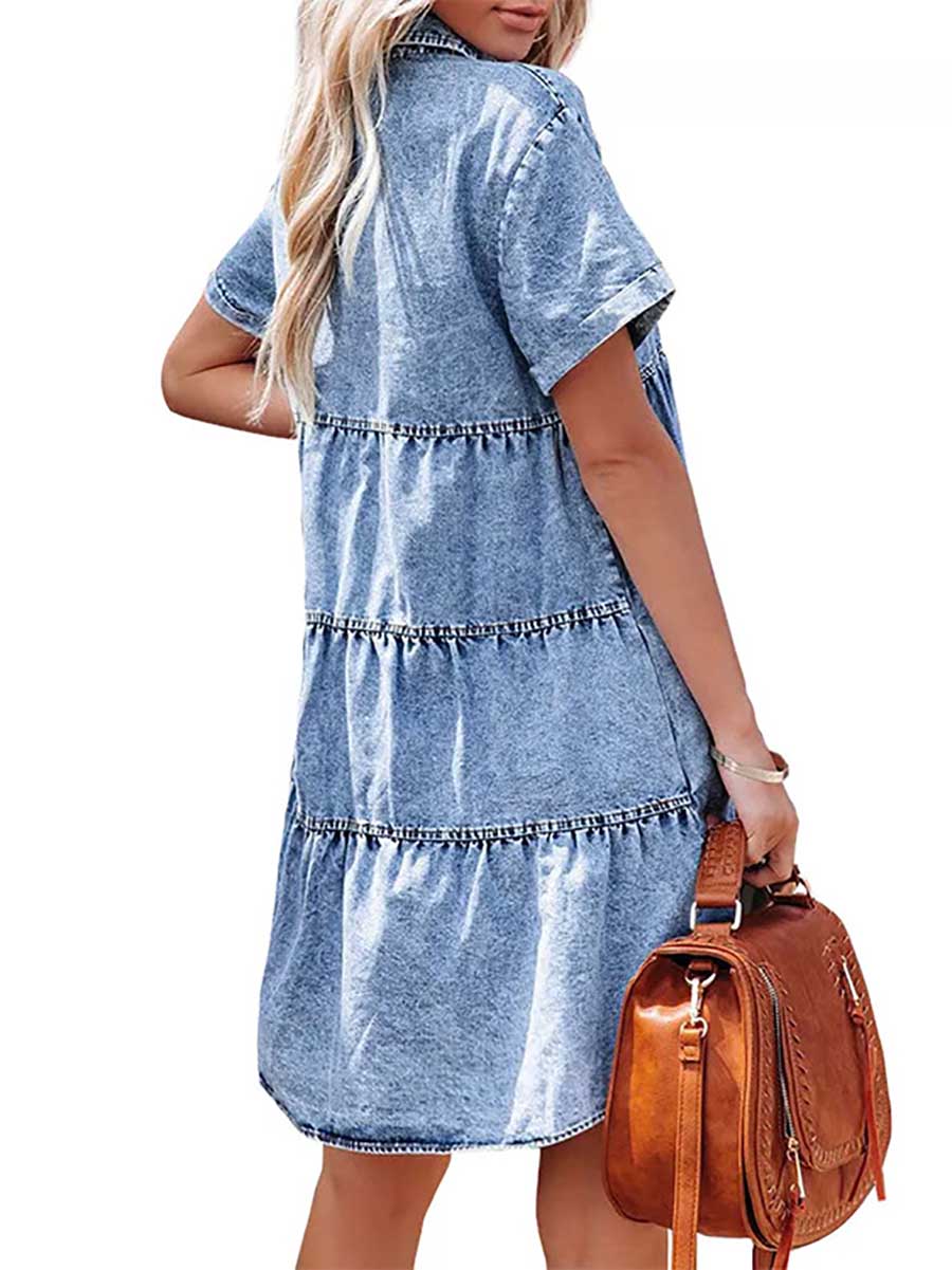 Lunimesd Washed Denim Lapel Loose Sweetheart Ruffle Dress