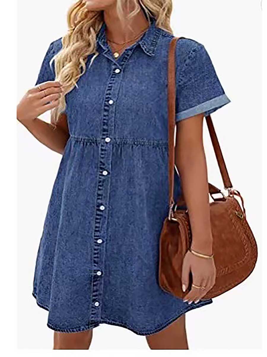 Lunimesd Washed Denim Lapel Loose Sweetheart Ruffle Dress