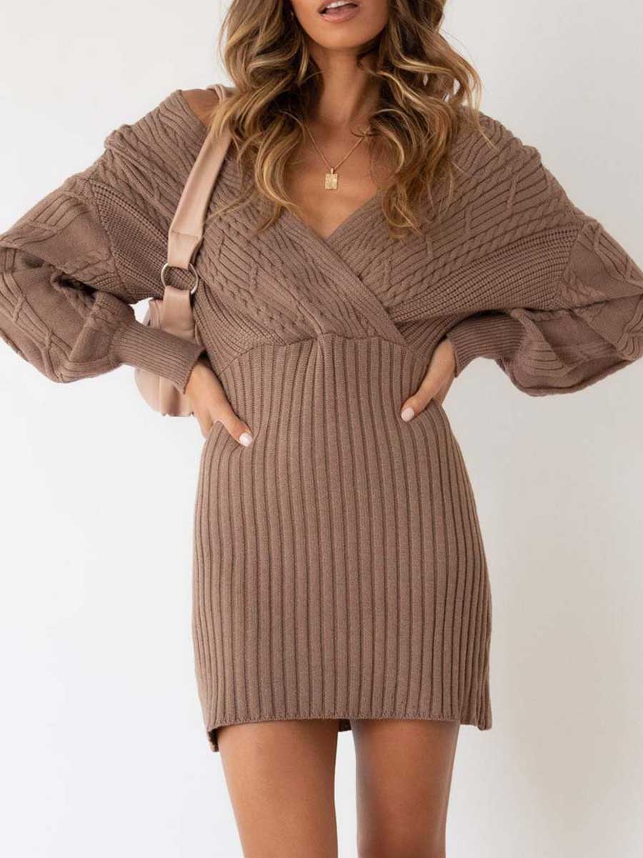 Lunimesd V-neck Sexy Twist Mid-length Women's Sweater Wrap Skirt